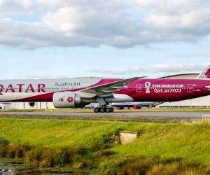تصاویری از بویینگ ۷۷۷ شرکت هواپیمایی قطر با لیوری جام جهانی ۲۰۲۲