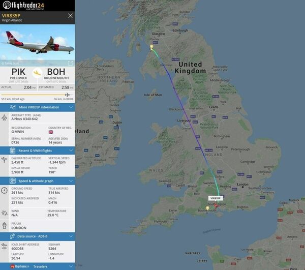 هواپیمای A340 ویرجین‌آتلانتیک در حال حرکت به سمت فرودگاه Bournemouth برای زمینگیری